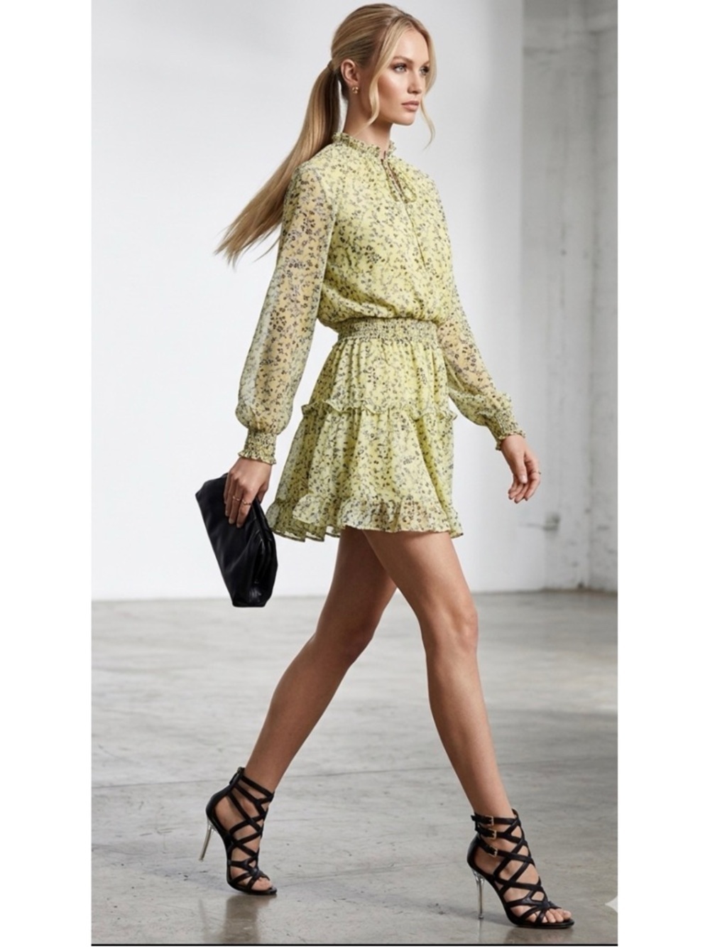 NSR Emma Drop Waist Yellow Floral Ruffle Long Sleeve Smocked Soft Girl Dress S